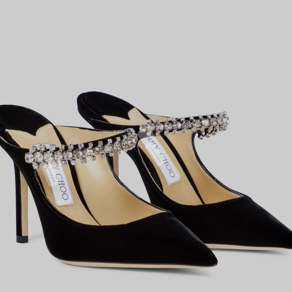 Jimmy choo embellished bing 100 black velvet mules.